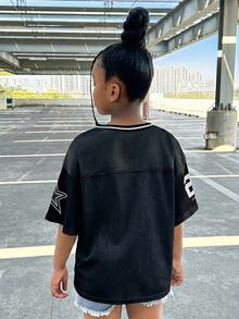 SHEIN 少女休闲运动风V领短袖上衣 - 黑色 - 查看 2