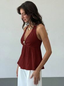 Aloruh Women's Linen Metal Decor Waist A-Line Shirt, Spring/Summer,Summer Top - Burgundy - View 4