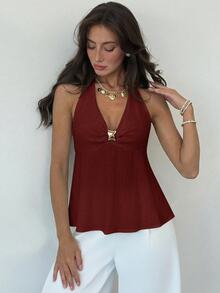 Aloruh Women's Linen Metal Decor Waist A-Line Shirt, Spring/Summer,Summer Top - Burgundy - View 7