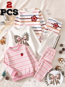SHEIN 2 Random PCS: Young Girl Casual Sweet Strawberry & Leopard Bowknot Crew Neck Sweatshirt And Striped Leggings Set, Cute Fall Winter 2-Piece Outfit - Multicolor - View 3