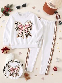 SHEIN 2 Random PCS: Young Girl Casual Sweet Strawberry & Leopard Bowknot Crew Neck Sweatshirt And Striped Leggings Set, Cute Fall Winter 2-Piece Outfit - Multicolor - View 4