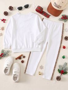 SHEIN 2 Random PCS: Young Girl Casual Sweet Strawberry & Leopard Bowknot Crew Neck Sweatshirt And Striped Leggings Set, Cute Fall Winter 2-Piece Outfit - Multicolor - View 2