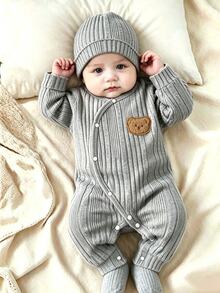 SHEIN Infant Toddler Unisex Ribbed Knit Long Sleeve Bear Patch Front Button Romper - Grey - View 2