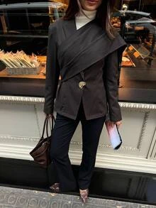 Aloruh Women's Elegant Business Commute Coffee Color Blazer With Shawl Decoration Solid Color Long Sleeve Jacket Autumn/Winter - Coffee Brown - View 4