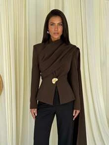 Aloruh Women's Elegant Business Commute Coffee Color Blazer With Shawl Decoration Solid Color Long Sleeve Jacket Autumn/Winter - Coffee Brown - View 1