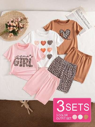 SHEIN 3pcs/Set Young Girl Light Pink Summer Heart & Leopard Print Round Neck Short Sleeve T-Shirt And Shorts Set, Casual Family Matching Outfits Clothes
