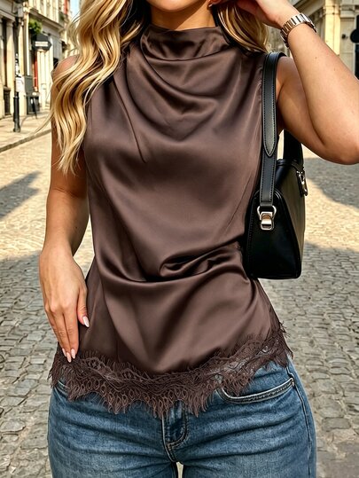 Lucivie Women's Casual Elegant Satin Sleeveless Women Blouse Draped Mock Neck Ruched Waist Scalloped Lace Hem Deep Brown For Business Banquet Daily Occasion