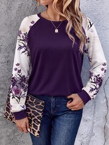 EMERY ROSE Autumn/Winter Vacation Casual Romantic Ditsy Floral Colorblock Black Round Neck Raglan Sleeve Long Sleeve Plus Size Women's Sweatshirt, Purple Autumn/Winter Sweatshirt - Purple - View 6