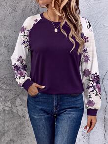 EMERY ROSE Autumn/Winter Vacation Casual Romantic Ditsy Floral Colorblock Black Round Neck Raglan Sleeve Long Sleeve Plus Size Women's Sweatshirt, Purple Autumn/Winter Sweatshirt - Purple - View 8