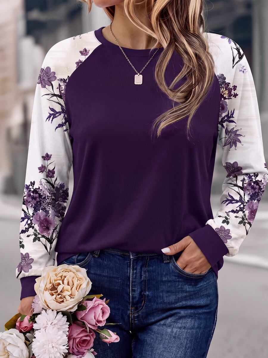 EMERY ROSE Autumn/Winter Vacation Casual Romantic Ditsy Floral Colorblock Black Round Neck Raglan Sleeve Long Sleeve Plus Size Women's Sweatshirt, Purple Autumn/Winter Sweatshirt - Purple - View 1