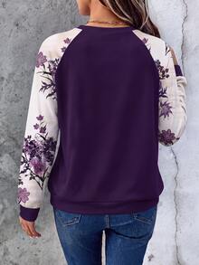 EMERY ROSE Autumn/Winter Vacation Casual Romantic Ditsy Floral Colorblock Black Round Neck Raglan Sleeve Long Sleeve Plus Size Women's Sweatshirt, Purple Autumn/Winter Sweatshirt - Purple - View 2