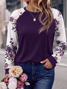 EMERY ROSE Autumn/Winter Vacation Casual Romantic Ditsy Floral Colorblock Black Round Neck Raglan Sleeve Long Sleeve Plus Size Women's Sweatshirt, Purple Autumn/Winter Sweatshirt - Purple - View 7