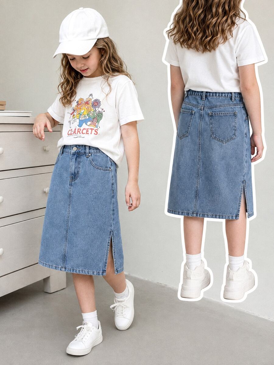 SHEIN 青少年女孩 Y2K 街頭風淺藍色牛仔裙，復古毛邊下擺修身棉質裙，時尚秋季休閒校園度假款