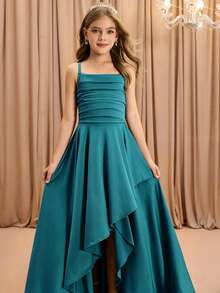 Tween Girls Solid Back To School Color Asymmetrical Hem Spaghetti Strap Dress, Casual Party Summer Autumn Fall - Blue - View 6