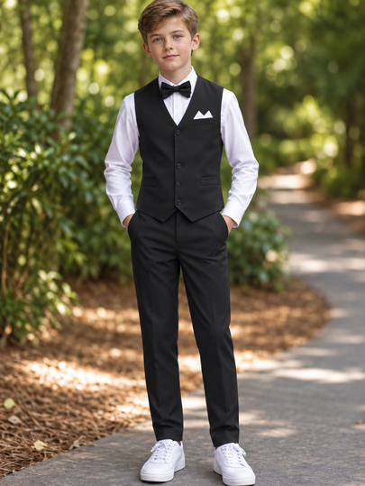 SHEIN 4pcs Teenage Boys' Black Suit Set,Long Sleeve Shirt,Bow Tie,Sleeveless Vest,Trousers,Summer Graduation Gentleman Attire For Wedding,Formal Occasions