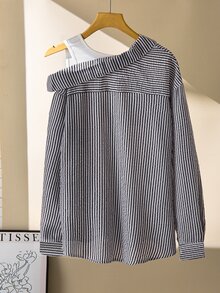 SHEIN 青少年女孩領口斜肩二合一垂直條紋長袖襯衫，黑白配色，秋季，Y2K街頭風，度假休閒上衣，校園穿搭 - 黑與白 - 查看 2