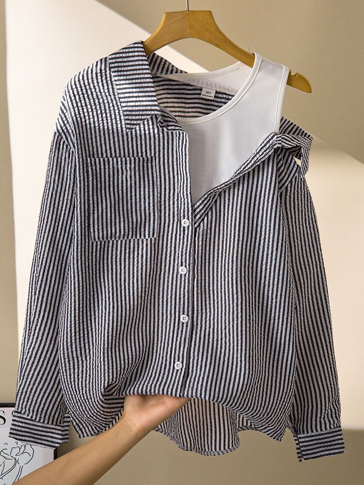 Teen Girls' Collared Oblique Shoulder 2 In 1 Vertical Striped Long Sleeve Shirt, Black And White, Autumn, Y2k Streetwear, Holiday, Casual Tops School - Black and White - View 3