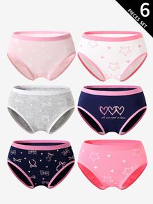 6件組女孩純棉內褲，愛心、蝴蝶結、星星、格紋印花，兒童返校時尚秋冬居家款，灰色、粉色、淺粉色，牛仔女孩風 - 彩色 - 查看 3