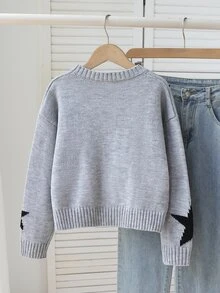 SHEIN Genkimix Kids 1件青少年女孩針織套頭毛衣，經典百搭圓領拼色星星提花圖案，休閒學院風，適中厚度，整齊下擺，細緻質感，單穿效果佳，適合日常穿著、上學、外出，秋冬款 - 灰色 - 查看 2