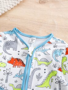 Young Boys Dinosaur Colorblock Pattern Knit Long Sleeve One-Piece Pajamas, Spring/Summer - Multicolor - View 7
