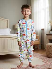 Young Boys Dinosaur Colorblock Pattern Knit Long Sleeve One-Piece Pajamas, Spring/Summer - Multicolor - View 3