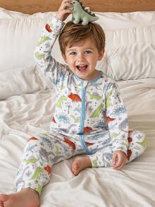 Young Boys Dinosaur Colorblock Pattern Knit Long Sleeve One-Piece Pajamas, Spring/Summer - Multicolor - View 1