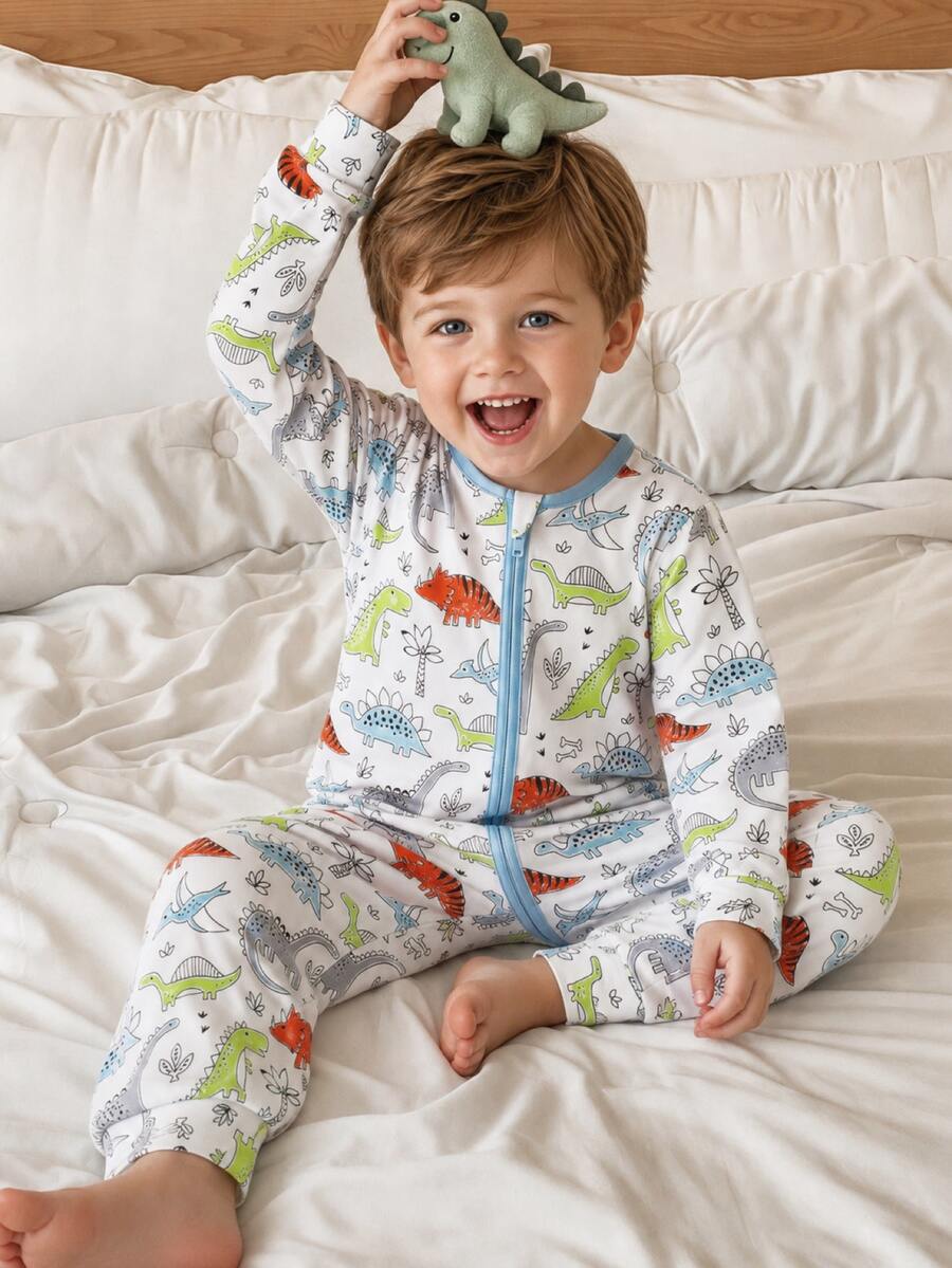 Young Boys Dinosaur Colorblock Pattern Knit Long Sleeve One-Piece Pajamas, Spring/Summer - Multicolor - View 1