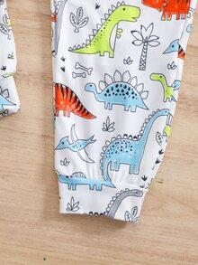 Young Boys Dinosaur Colorblock Pattern Knit Long Sleeve One-Piece Pajamas, Spring/Summer - Multicolor - View 6