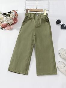 SHEIN Genkimix Kids 女童淺藍色高腰寬腿牛仔長褲，鬆緊腰抽繩休閒運動褲，時尚百搭夏季薄款牛仔褲 - 綠色 - 查看 3