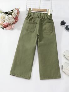 SHEIN Genkimix Kids 女童淺藍色高腰寬腿牛仔長褲，鬆緊腰抽繩休閒運動褲，時尚百搭夏季薄款牛仔褲 - 綠色 - 查看 2