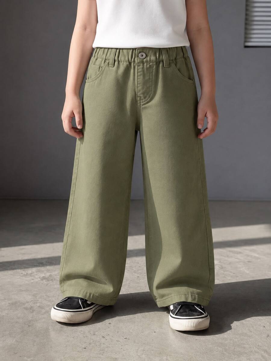 SHEIN Genkimix Kids 女童淺藍色高腰寬腿牛仔長褲,鬆緊腰抽繩休閒運動褲,時尚百搭夏季薄款牛仔褲 - 綠色 - 查看 1