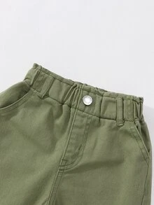 SHEIN Genkimix Kids 女童淺藍色高腰寬腿牛仔長褲，鬆緊腰抽繩休閒運動褲，時尚百搭夏季薄款牛仔褲 - 綠色 - 查看 4
