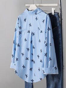 SHEIN Tween Girls Fall Tops Striped Sun Protection Shirt Korean Style Holiday Autumn Travel Casual Cute Outfit Comfortable Daily Minimalist... - Blue - View 3