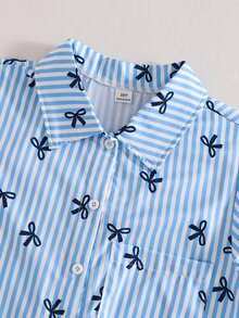 SHEIN Tween Girls Fall Tops Striped Sun Protection Shirt Korean Style Holiday Autumn Travel Casual Cute Outfit Comfortable Daily Minimalist... - Blue - View 6