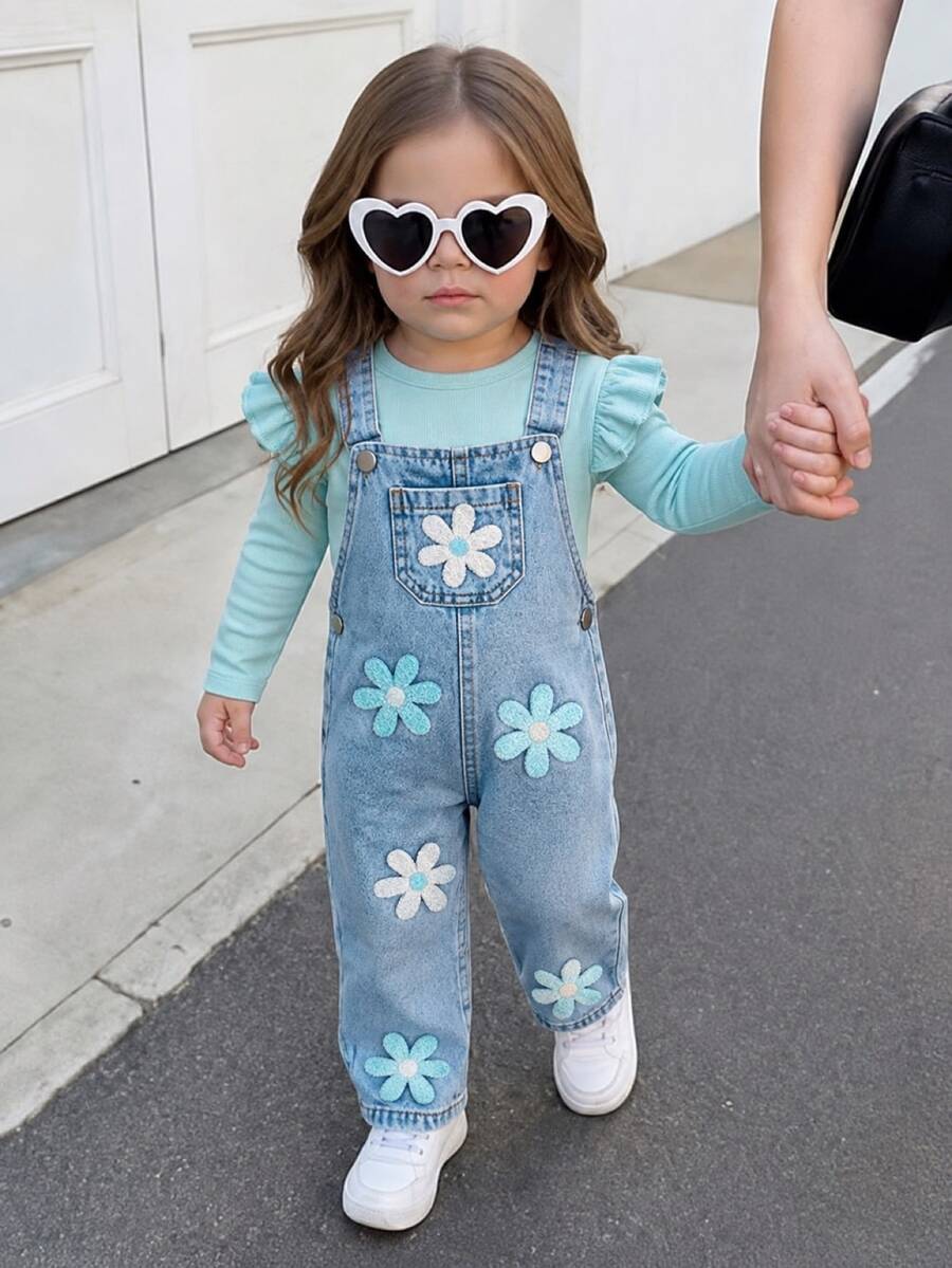 SHEIN Vintaside Kids 嬰幼兒男女通用 0-3 歲 春/秋 紫色甜美風花卉刺繡裝飾牛仔長褲、圓領長袖套頭上衣搭配牛仔吊帶褲套裝，適合外出、購物與休閒穿著