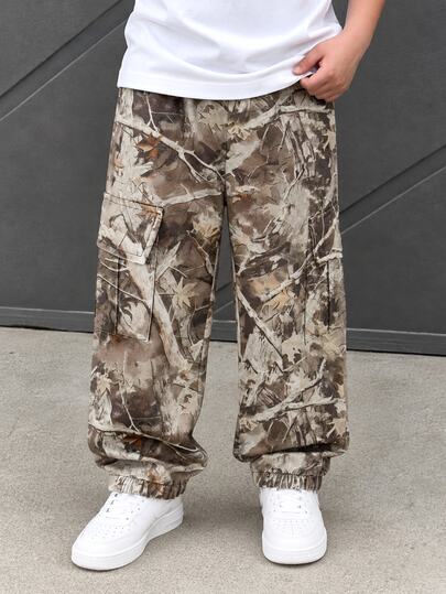 SHEIN Tween Boy Casual Baggy Camouflage Print Cargo Pants Chic For Autumn/Winter School Gray