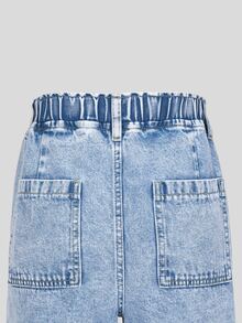 Teen Girls' Light Blue Washed Denim Casual Fashion Comfortable Bow-Decor Drawstring Waist Pockets Wide Leg Jeans, School, Campus, College Fall Winter - Medium Wash - View 8