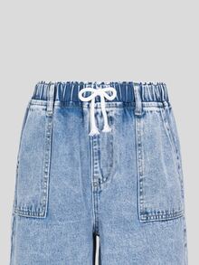 Teen Girls' Light Blue Washed Denim Casual Fashion Comfortable Bow-Decor Drawstring Waist Pockets Wide Leg Jeans, School, Campus, College Fall Winter - Medium Wash - View 7