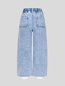 Teen Girls' Light Blue Washed Denim Casual Fashion Comfortable Bow-Decor Drawstring Waist Pockets Wide Leg Jeans, School, Campus, College Fall Winter - Medium Wash - View 2
