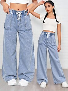 Teen Girls' Light Blue Washed Denim Casual Fashion Comfortable Bow-Decor Drawstring Waist Pockets Wide Leg Jeans, School, Campus, College Fall Winter - Medium Wash - View 3