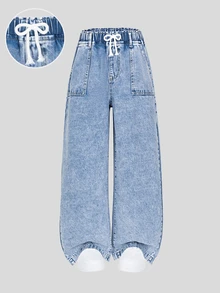 Teen Girls' Light Blue Washed Denim Casual Fashion Comfortable Bow-Decor Drawstring Waist Pockets Wide Leg Jeans, School, Campus, College Fall Winter - Medium Wash - View 4