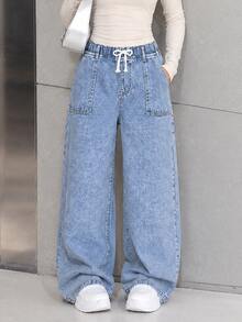 Teen Girls' Light Blue Washed Denim Casual Fashion Comfortable Bow-Decor Drawstring Waist Pockets Wide Leg Jeans, School, Campus, College Fall Winter - Medium Wash - View 1