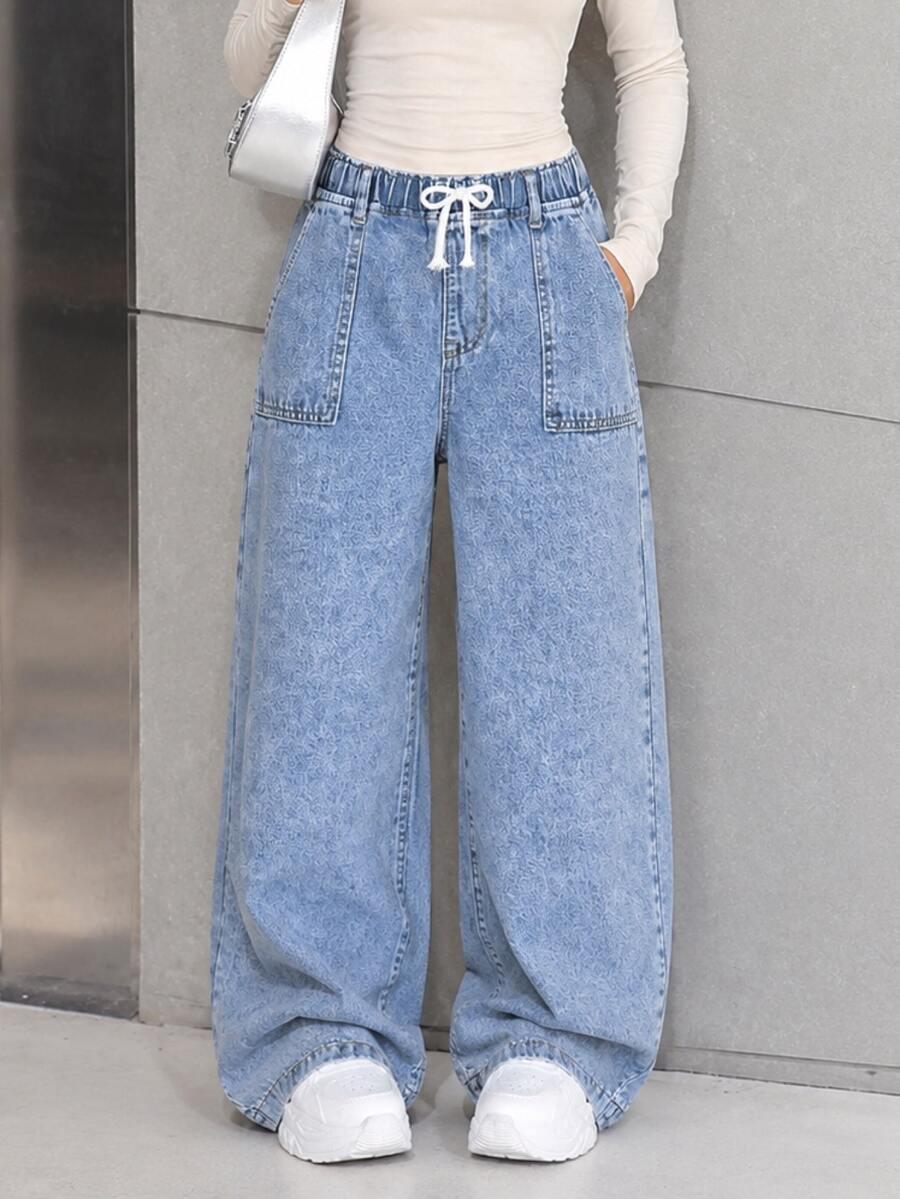 Teen Girls' Light Blue Washed Denim Casual Fashion Comfortable Bow-Decor Drawstring Waist Pockets Wide Leg Jeans, School, Campus, College Fall Winter - Medium Wash - View 1