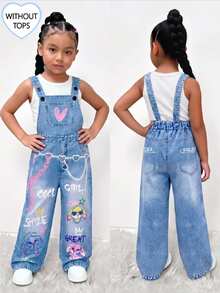 Young Girl'Denim Print Fashionable Chain, Rabbit Letter Print Bib Pants, Back To School Item, Stylish Jumpsuit For Spring, Summer, Autumn Blue - Blue - View 4