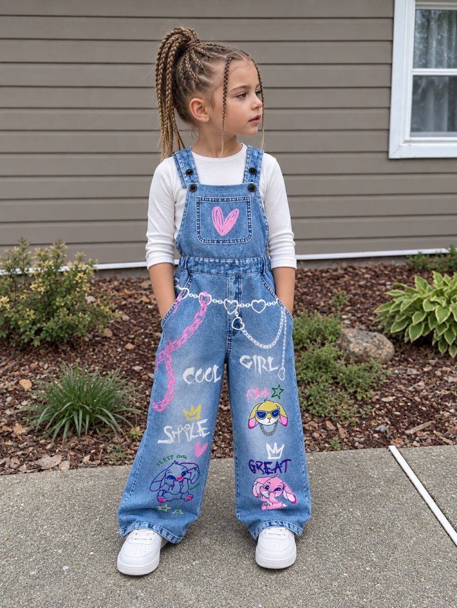 Young Girl'Denim Print Fashionable Chain, Rabbit Letter Print Bib Pants, Back To School Item, Stylish Jumpsuit For Spring, Summer, Autumn Blue