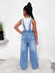 Young Girl'Denim Print Fashionable Chain, Rabbit Letter Print Bib Pants, Back To School Item, Stylish Jumpsuit For Spring, Summer, Autumn Blue - Blue - View 5