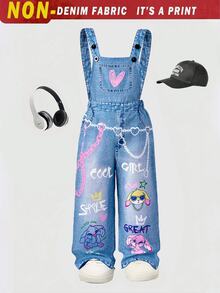 Young Girl'Denim Print Fashionable Chain, Rabbit Letter Print Bib Pants, Back To School Item, Stylish Jumpsuit For Spring, Summer, Autumn Blue - Blue - View 8