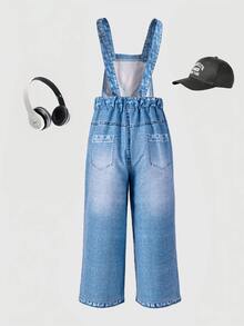Young Girl'Denim Print Fashionable Chain, Rabbit Letter Print Bib Pants, Back To School Item, Stylish Jumpsuit For Spring, Summer, Autumn Blue - Blue - View 3