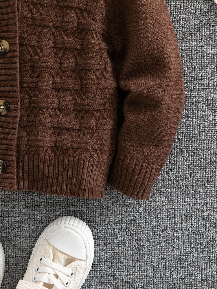 SHEIN Young Boy Solid Color Textured Long Sleeve Single-Breasted Knit Cardigan Back-To-School School It's A Boy Autumn Birthday Kindergarten Baby Blue - Brown - View 6