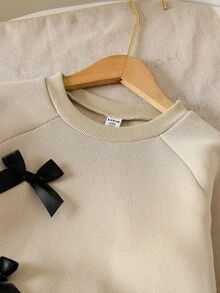 SHEIN Tween Girls Fleece 2pcs/Set Young Girls Fashion Gray Round Neck Long Sleeve Top And Wide Leg Pants With Bow Decor, Autumn/Winter, Cute - Apricot - View 8